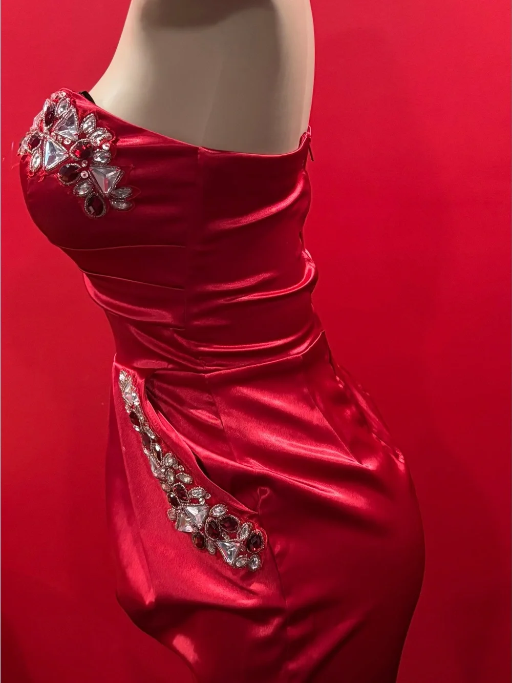 B Darlin Strapless Red Satin Cocktail Dress with Crystal Accents